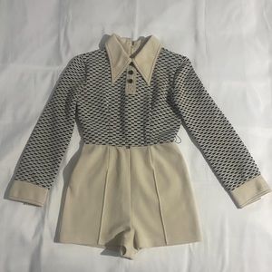 Vintage Jonathan Logan Petite Long Sleeve Textured Upper & Pleated Shorts Romper